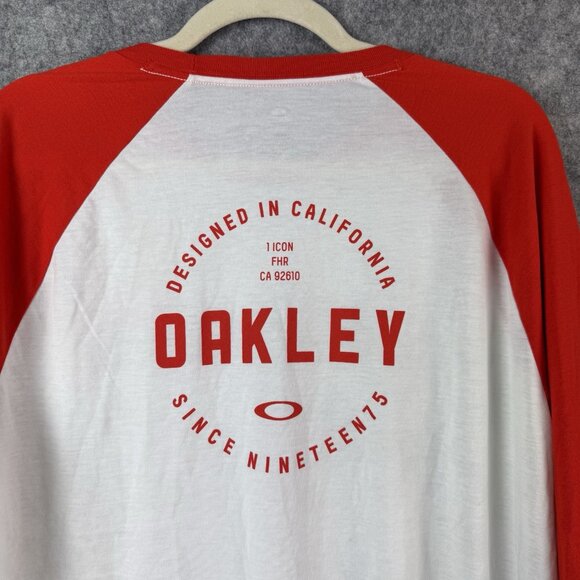 Oakley Men’s Raglan Baseball T-Shirt Size L Red Orange White 3/4 Sleeve Logo - Picture 4 of 10